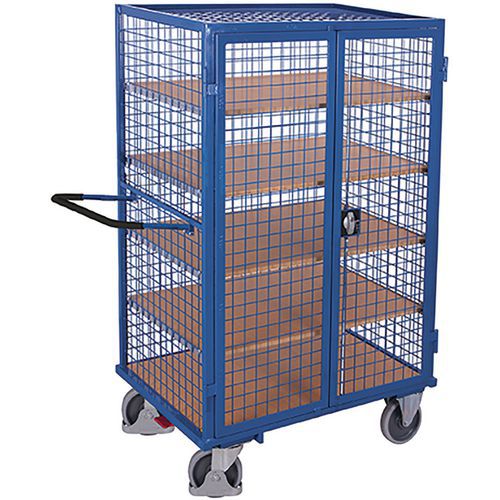 Vysoký klecový vozík s křídlovými dveřmi, 5 polic, do 500 kg, 131,5 x 83 x 181 cm, modrý