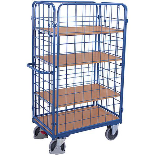 Policový vozík se 4 mřížovými stěnami, 4 police, do 500 kg, 119 x 74 x 182 cm, modrý