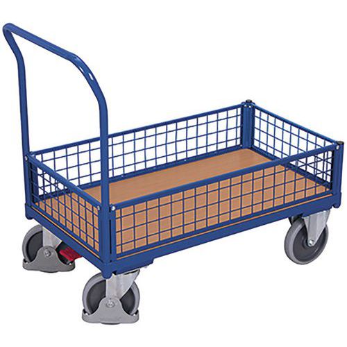 Plošinový vozík s madlem a nízkými mřížovými bočnicemi, do 500 kg, 101,5 x 112,5 x 60 cm, modrý
