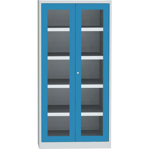 Skříň se skleněnými dveřmi na uskladnění chemikálií, 1950 x 950 x 500 mm, šedá/modrá