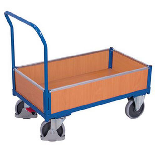 Plošinový vozík s madlem a nízkými plnými bočnicemi, do 500 kg, 101,5 x 112,5 x 70 cm, modrý