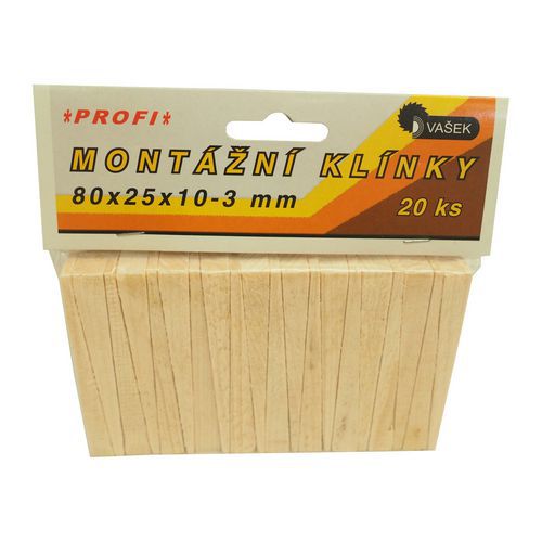 Klínky dřevěné, montážní, balení 20 ks, 80 x 25 x 10 - 3 mm