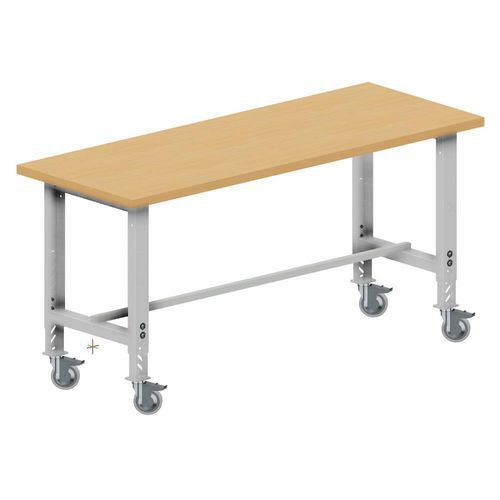 Pojízdný výškově nastavitelný dílenský stůl, do 300 kg, překližka, 200 x 75 x 85,5 - 115,5 cm - Manutan Expert