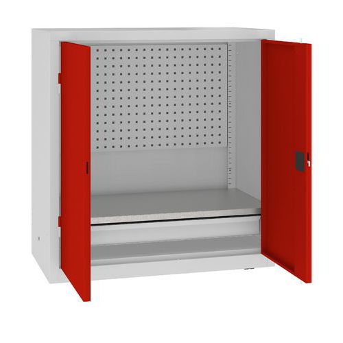 Kovová dílenská skříň s perfopanelem, 104 x 100 x 50 cm, 1 zásuvka, šedá/červená
