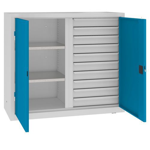 Kovová dílenská skříň na nářadí se zásuvkami, 104 x 120 x 50 cm, 10 zásuvek, šedá/sv. modrá