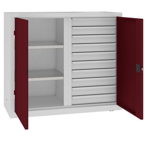 Kovová dílenská skříň na nářadí se zásuvkami, 104 x 120 x 50 cm, 10 zásuvek, šedá/tm. červená
