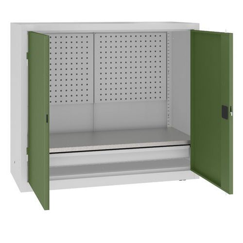 Kovová dílenská skříň s perfopanelem, 104 x 120 x 50 cm, 1 zásuvka, šedá/zelená