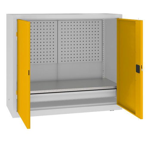 Kovová dílenská skříň s perfopanelem, 104 x 120 x 50 cm, 1 zásuvka, šedá/žlutá