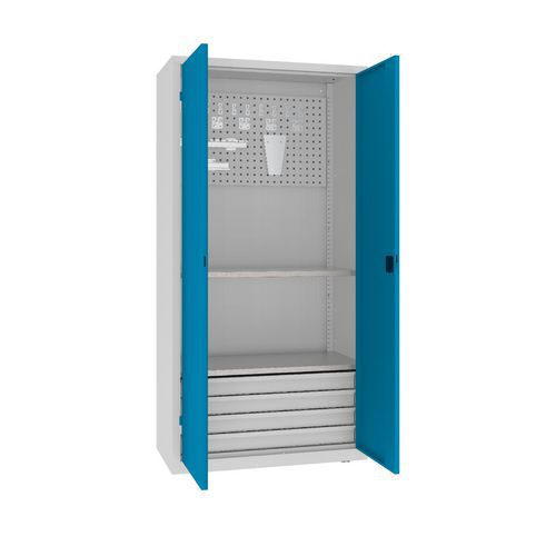 Kovová dílenská skříň s perfopanelem, 199 x 100 x 50 cm, 4 zásuvky, šedá/sv. modrá