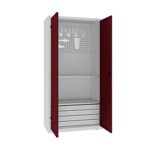 Kovová dílenská skříň s perfopanelem, 199 x 100 x 50 cm, 4 zásuvky, šedá/tm. červená