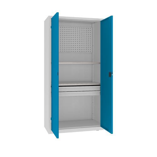 Kovová dílenská skříň s perfopanelem, 199 x 100 x 50 cm, 2 zásuvky, šedá/sv. modrá