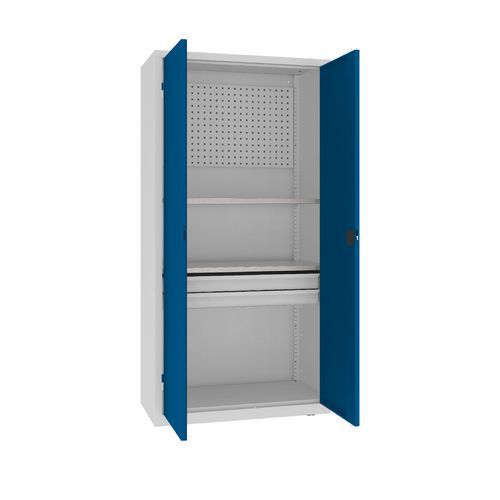 Kovová dílenská skříň s perfopanelem, 199 x 100 x 50 cm, 2 zásuvky, šedá/tm. modrá