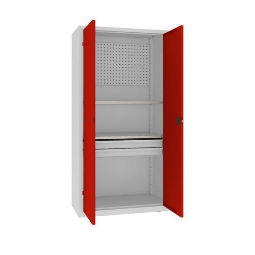 Kovová dílenská skříň s perfopanelem, 199 x 100 x 50 cm, 2 zásuvky, šedá/červená