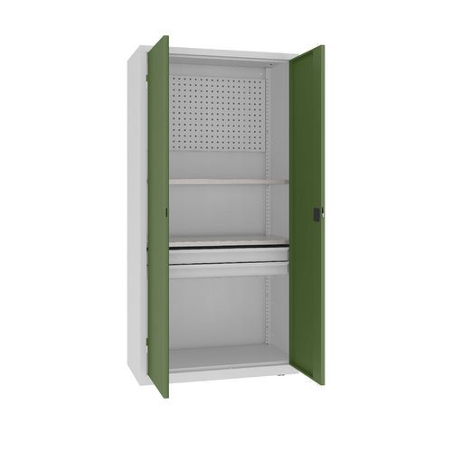 Kovová dílenská skříň s perfopanelem, 199 x 100 x 50 cm, 2 zásuvky, šedá/zelená