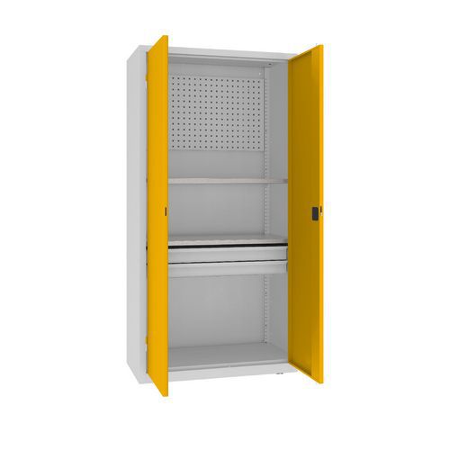 Kovová dílenská skříň s perfopanelem, 199 x 100 x 50 cm, 2 zásuvky, šedá/žlutá