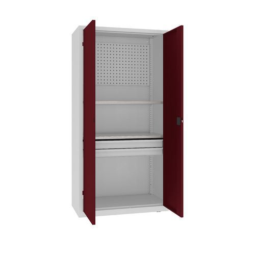 Kovová dílenská skříň s perfopanelem, 199 x 100 x 50 cm, 2 zásuvky, šedá/tm. červená