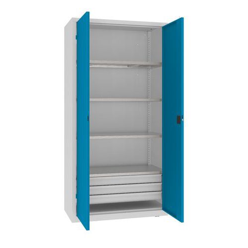 Kovová dílenská skříň, 199 x 100 x 50 cm, 3 zásuvky, šedá/sv. modrá