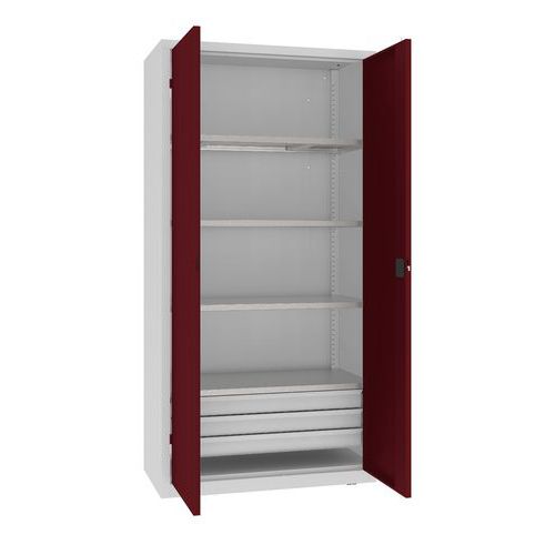 Kovová dílenská skříň, 199 x 100 x 50 cm, 3 zásuvky, šedá/tm. červená