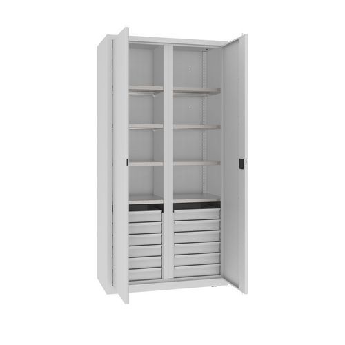 Kovová dílenská skříň na nářadí se zásuvkami, 199 x 100 x 50 cm, 12 zásuvek, šedá/šedá