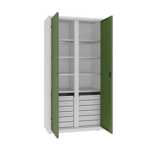 Kovová dílenská skříň na nářadí se zásuvkami, 199 x 100 x 50 cm, 12 zásuvek, šedá/zelená