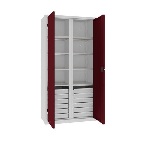 Kovová dílenská skříň na nářadí se zásuvkami, 199 x 100 x 50 cm, 12 zásuvek, šedá/tm. červená