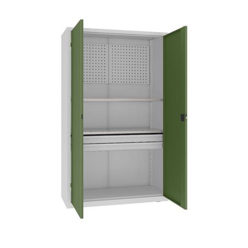 Kovová dílenská skříň s perfopanelem, 199 x 120 x 50 cm, 2 zásuvky, šedá/zelená