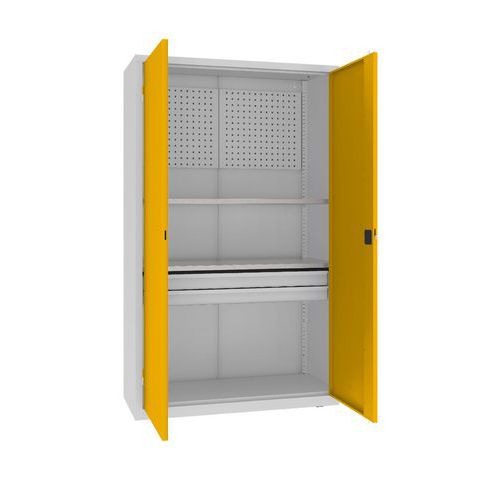 Kovová dílenská skříň s perfopanelem, 199 x 120 x 50 cm, 2 zásuvky, šedá/žlutá
