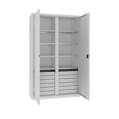 Kovová dílenská skříň na nářadí se zásuvkami, 199 x 120 x 50 cm, 12 zásuvek, šedá/šedá