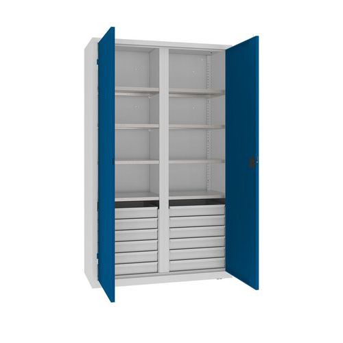 Kovová dílenská skříň na nářadí se zásuvkami, 199 x 120 x 50 cm, 12 zásuvek, šedá/tm. modrá