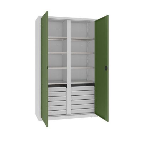 Kovová dílenská skříň na nářadí se zásuvkami, 199 x 120 x 50 cm, 12 zásuvek, šedá/zelená