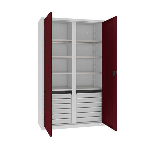 Kovová dílenská skříň na nářadí se zásuvkami, 199 x 120 x 50 cm, 12 zásuvek, šedá/tm. červená