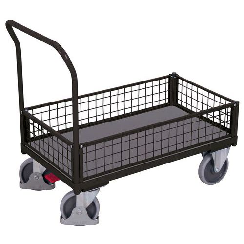 Plošinový vozík s madlem a nízkými mřížovými bočnicemi, do 400 kg, 97,5 x 97,5 x 50 cm, šedý