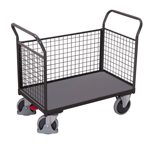 Plošinový vozík se dvěma madly s mřížovou výplní a boční stěnou, do 400 kg, 97,5 x 104 x 50 cm, šedý