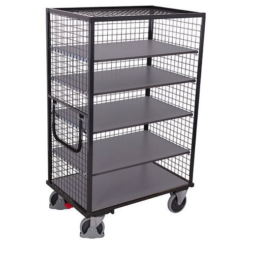 Vysoký skříňový vozík s madlem a 3 mřížovými stěnami, do 500 kg, 5 polic, 181 x 111,5 x 73 cm, šedý