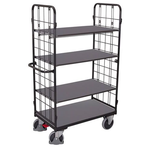 Vysoký policový vozík s madlem a mřížovými bočnicemi, do 500 kg, 4 police, 182 x 118,5 x 62 cm, šedý