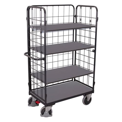 Vysoký policový vozík s madlem a mřížovými bočnicemi, do 500 kg, 4 police, 182 x 139 x 82,5 cm, šedý