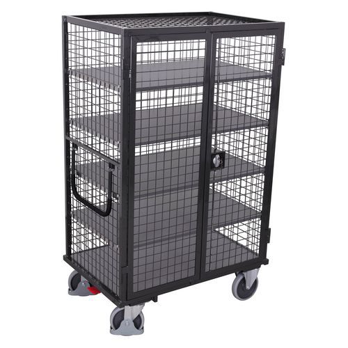 Vysoký klecový vozík s křídlovými dveřmi, 5 polic, do 500 kg, 111,5 x 73 x 181 cm, šedý