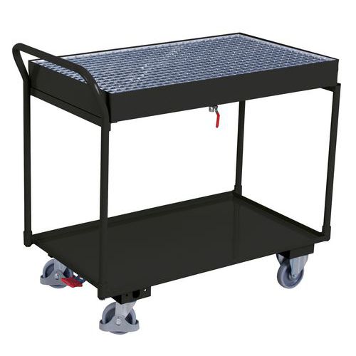 Policový vozík se záchytnou vanou s roštem, do 250 kg, 112,5 x 61 x 102 cm, 60 l, šedý
