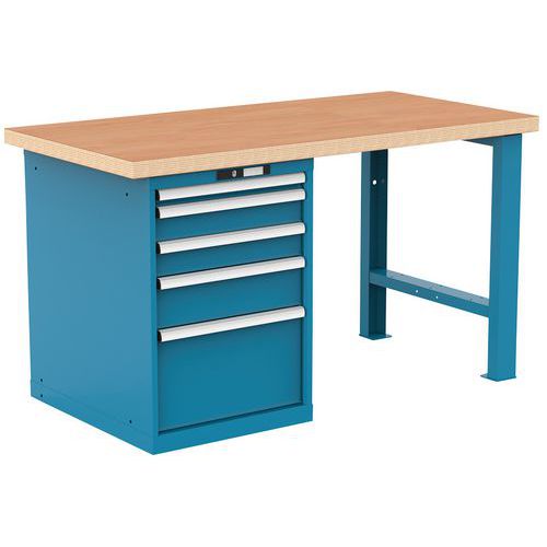 Dílenský pracovní stůl LISTA, 1500x750x840mm, 5 zásuvek, nosnost 1500 kg, světle modrá