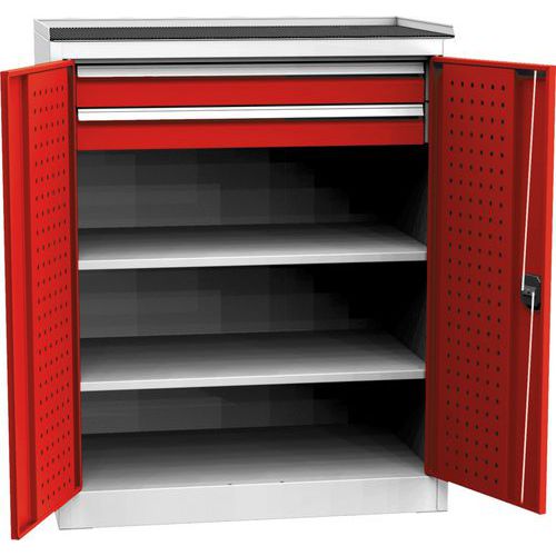 Dílenská skříň na nářadí se dvěma zásuvkami, 118 x 95 x 60 cm, šedá/červená