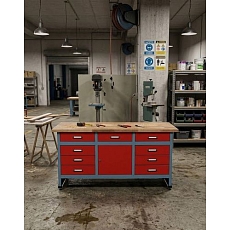 Dílenský stůl Monti, 84 x 170 x 60 cm, 9 zásuvek, 1 skříňka