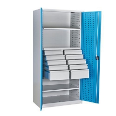 Kovová dílenská skříň, 195 x 95 x 50 cm, 2 police, 10 zásuvek