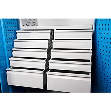 Kovová dílenská skříň, 195 x 95 x 50 cm, 2 police, 10 zásuvek