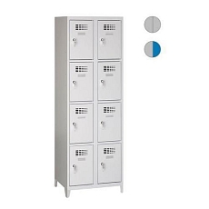 Svařovaná šatní skříň Eric odlehčená, 8 boxů, na nožkách, cylindrický zámek, šedá/sv.modrá