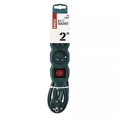 Prodlužovací kabel Emos s vypínačem, zelený, PVC, 3 zásuvky, 2 m