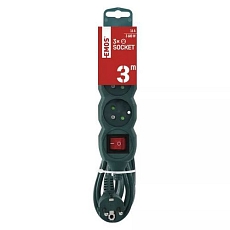 Prodlužovací kabel Emos s vypínačem, zelený, PVC, 3 zásuvky, 3 m