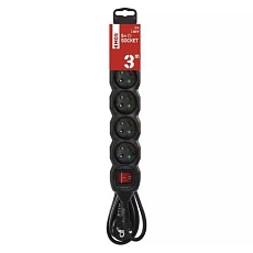 Prodlužovací kabel Emos s vypínačem, černý, PVC, 5 zásuvek, 3 m