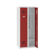 Snížená školní šatní skříň, 2 sloupce, 300 mm, šedá/tmavě modrá, tříbodový cylindrický zámek