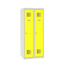 Snížená školní šatní skříň, 2 sloupce, 300 mm, šedá/tmavě modrá, tříbodový cylindrický zámek