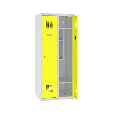 Snížená školní šatní skříň, 2 sloupce, 300 mm, šedá/žlutá, tříbodový cylindrický zámek